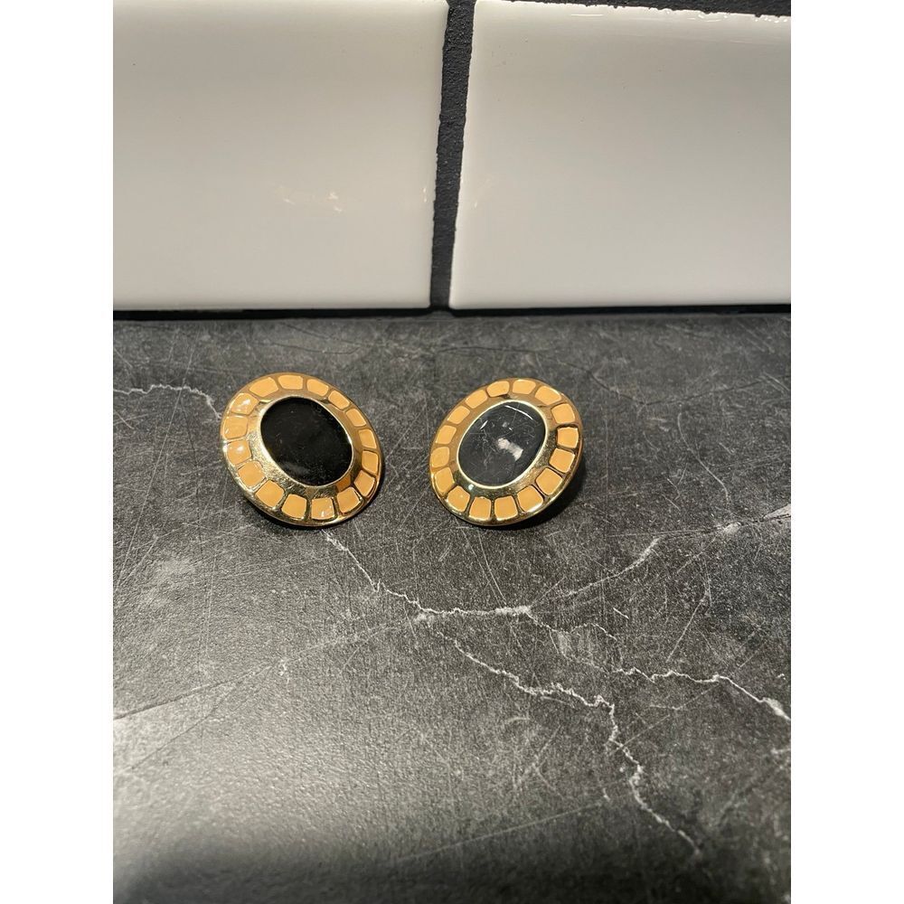 Vintage Earrings Large Black and Cream Enamel Gold Tone